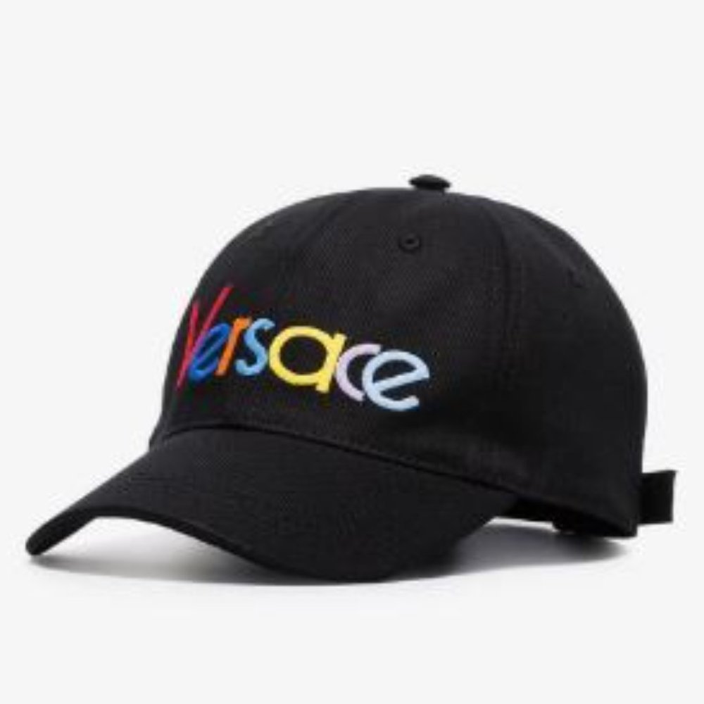 Vintage Y2k Versace Rainbow Multi-Color Embroidered Logo Hat Black